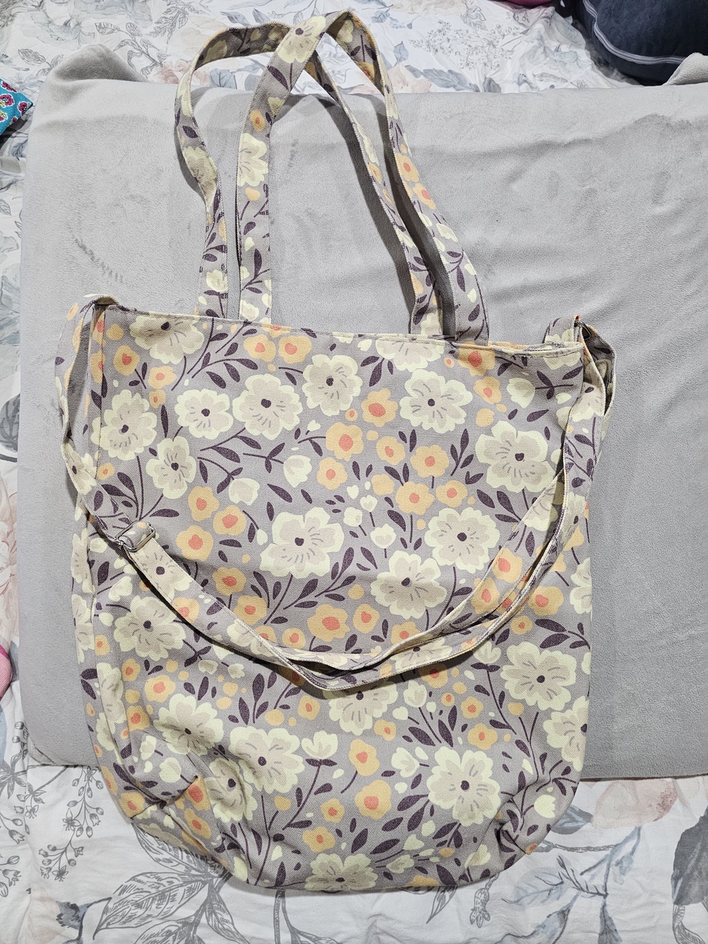 Floral Canvas Tote Bag in Cream and Purple - Unbranded